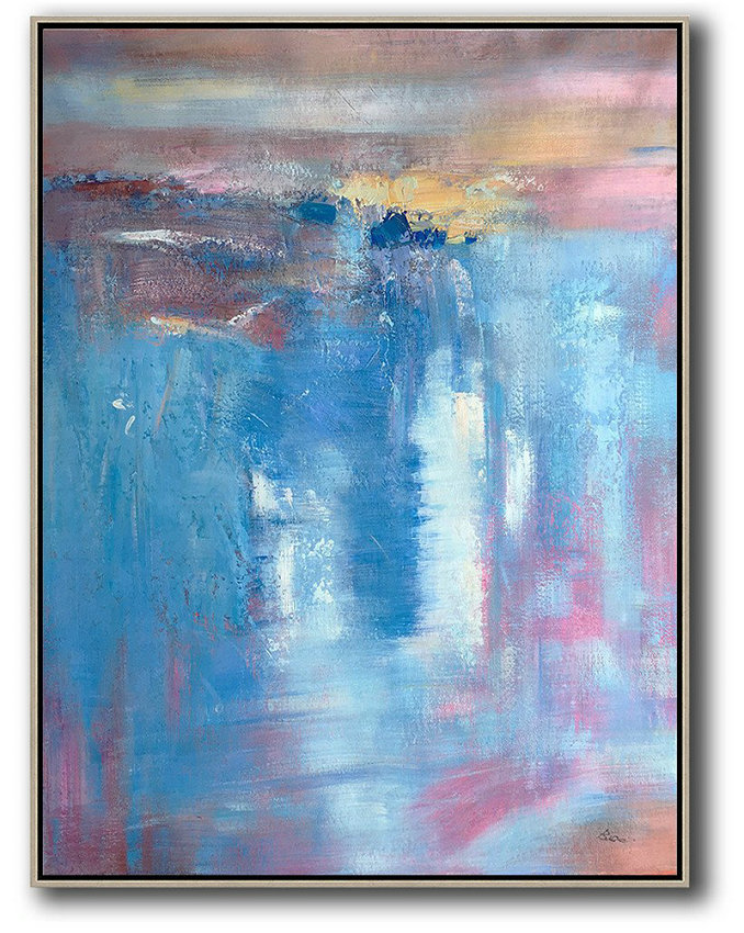Vertical Palette Knife Contemporary Art,Canvas Wall Art,Blue,Pink,Brown,Yellow,White